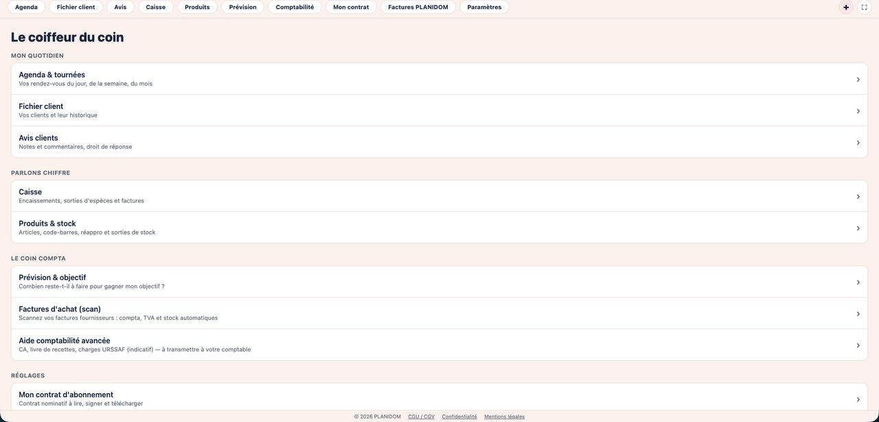 Tableau de bord de l'espace pro PLANIDOM
